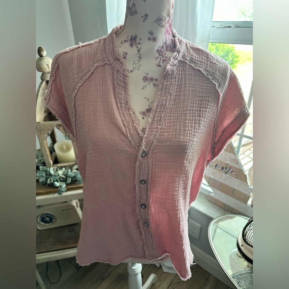 We The Free Blush Pink Button-Front Textured Gauze Top
